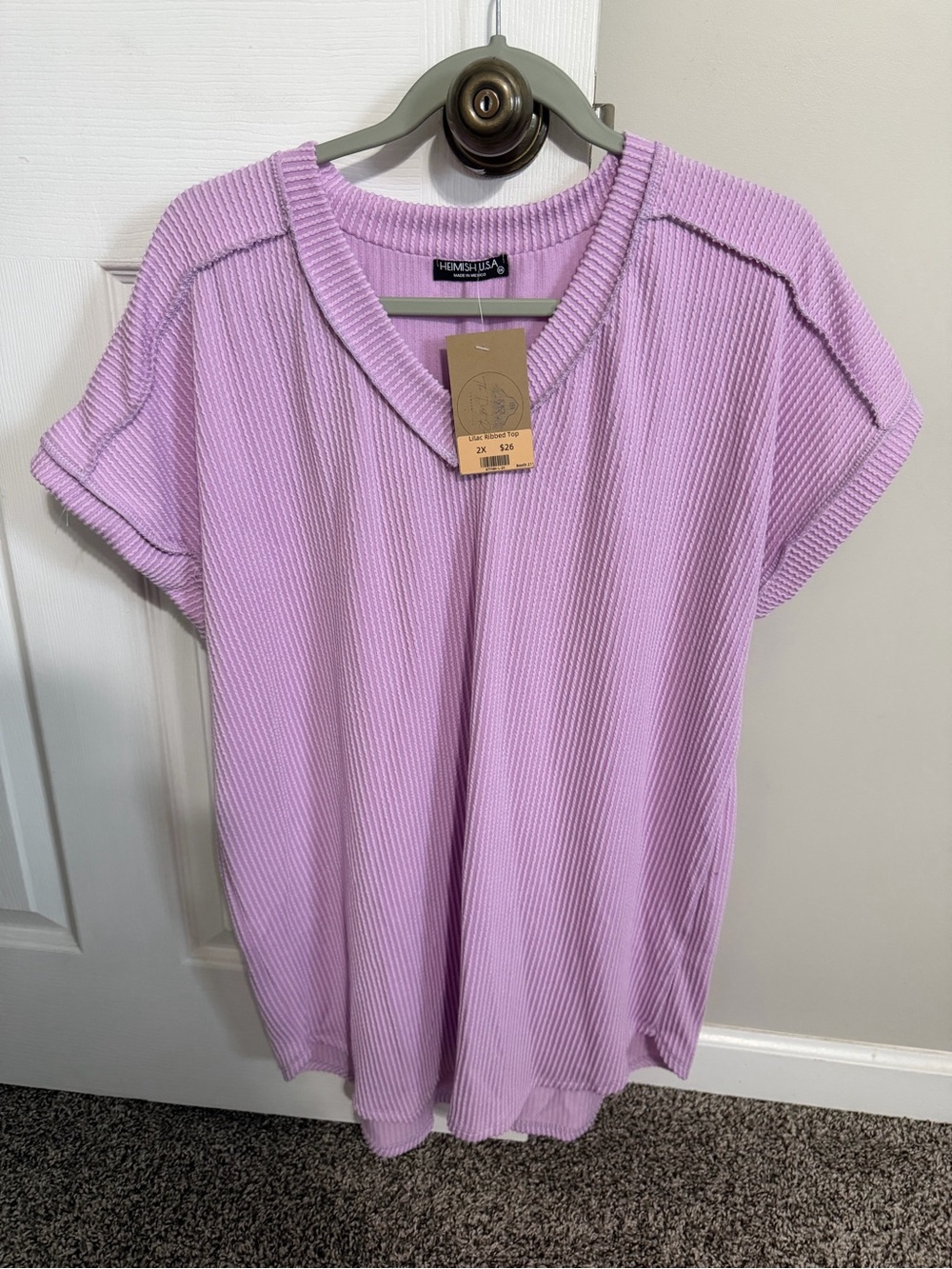HEIMISH USA Lilac Ribbed V-Neck Short Sleeve Top